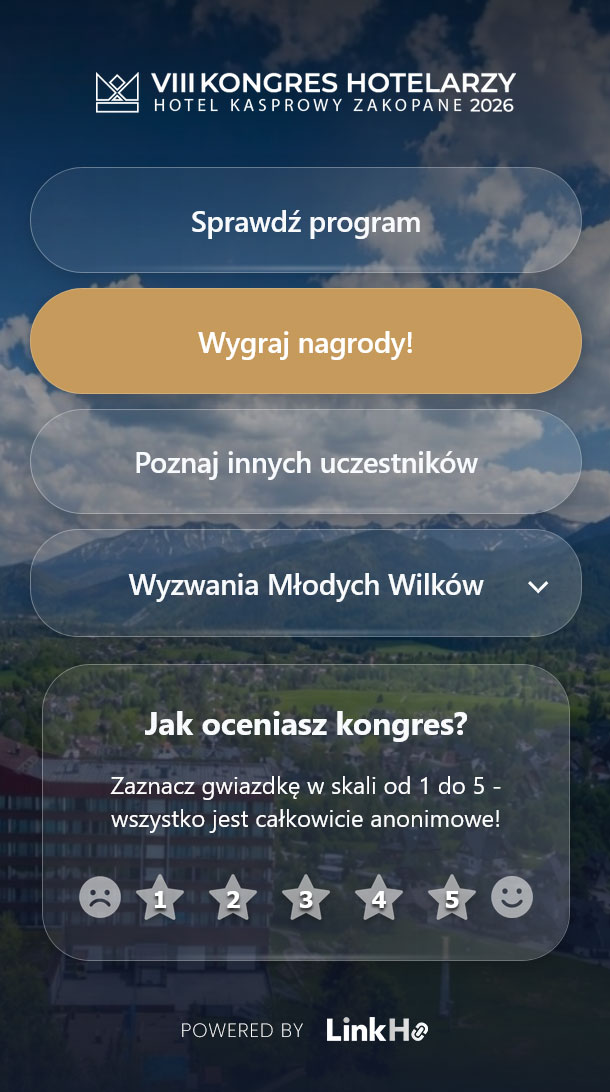 Ekran systemu LinkHo dla VIII Kongresu Hotelarzy: program, konkurs, uczestnicy i ocena wydarzenia
